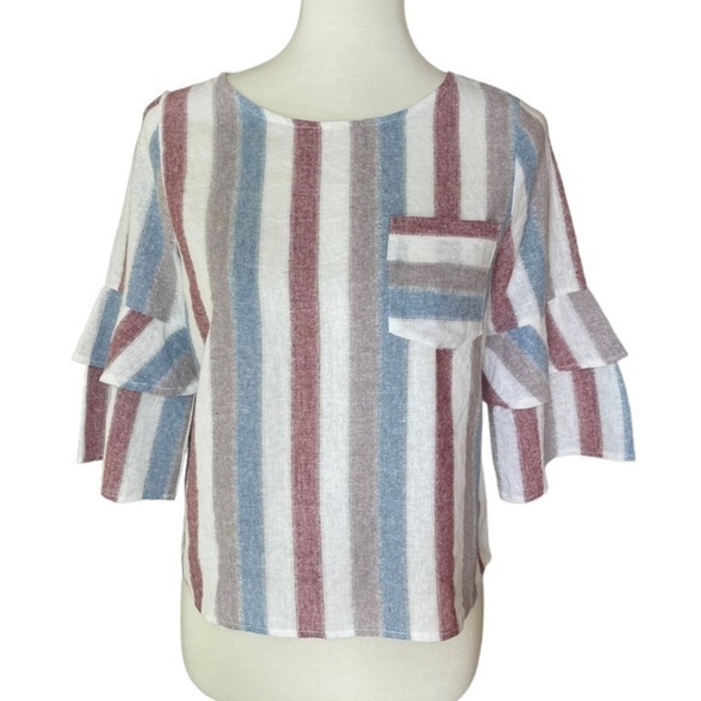Urban Romantics Cream Striped Cotton-Linen Top with Ruffle Sleeves - Size Small